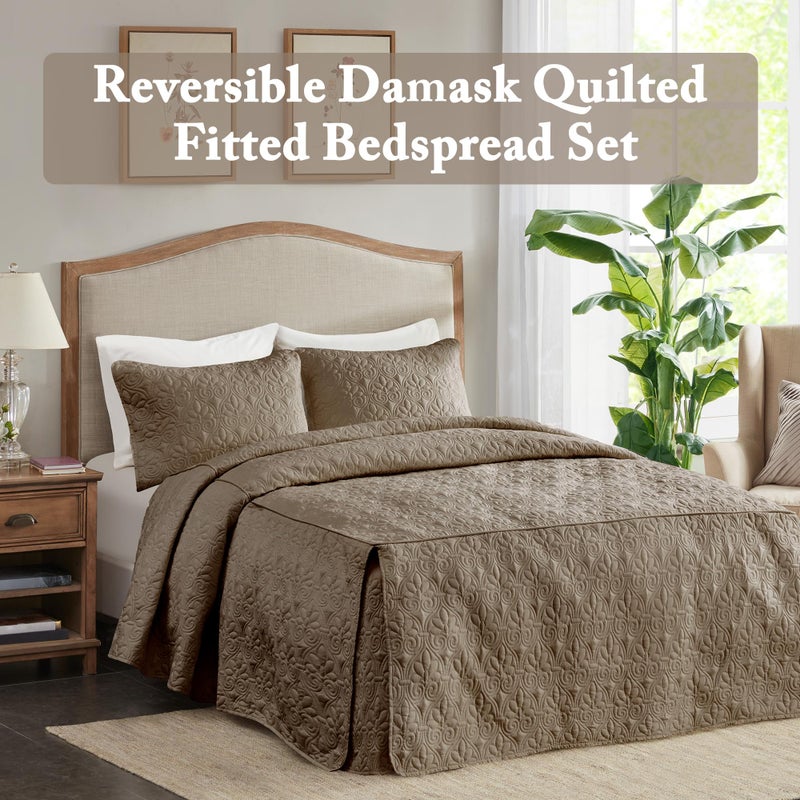Madison Park Quebec Split Corner Quilted Bedspread Classic Traditional Design All Season, Lightweight, Bedding Set, Matching Shams, Queen, Damask Quilted Khaki 3 Piece - Image 2